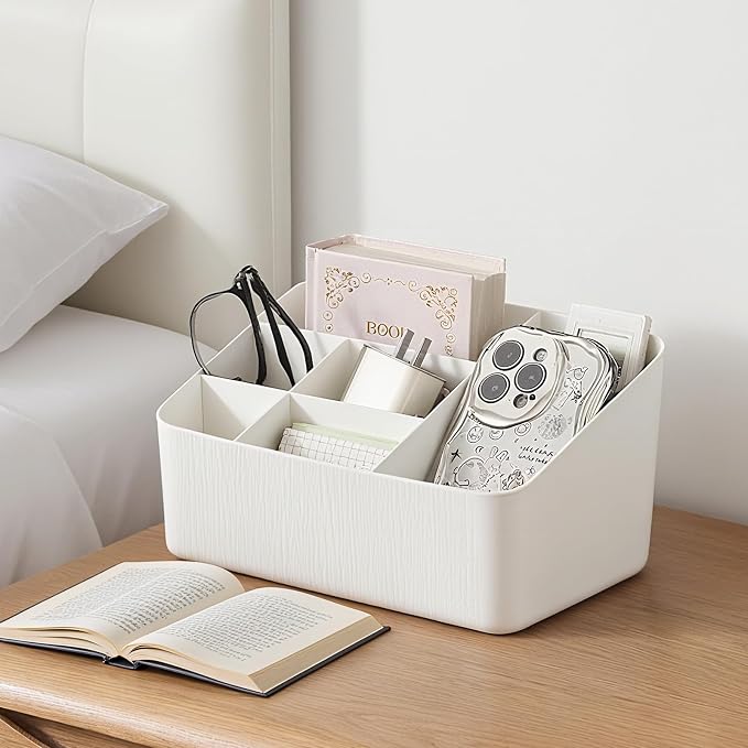 Desk Organizer with 7 Compartments Nightstand Organizer & Bedside Organizer for Dorm, Office Desk, Pen, Pencil, Remote Control Holder, Skincare & Stationary