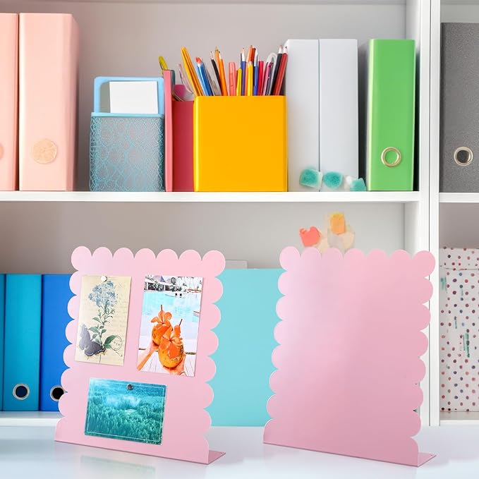 Gueevin 2 Pcs Magnet Board Standing Magnetic Metal Board for Desk and Wall 12.6" x 11" Scalloped Magnetic Display Stand for Memos, Photos and Documents Home Office School Supplies(Pink,Medium)