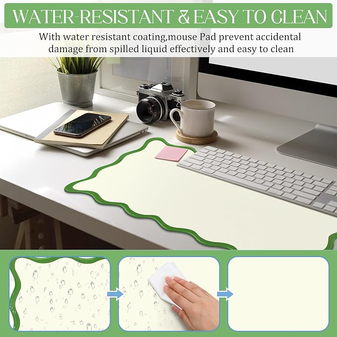 Hahafelt Scalloped Desk Mat Large Desk Pad Cute Coquette Table Mat Back to School Preppy Table Make up Pad Nonslip Graduation Gift with Stitching Waterproof Gaming(Green,31.5 x 15.8 Inches)