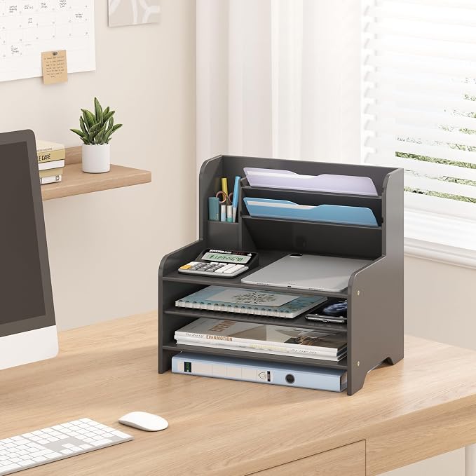 Desk File Organizer - 6-Tier Desktop Mail Letter Tray Paper Document Organizer with Pen Holder for Home Office Supplies, Office Desk Accessories & Workspace (Black)