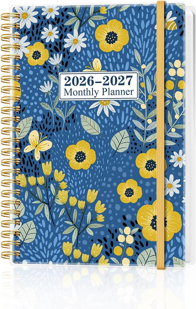 Monthly Planner 2026-2027 – Monthly Calendar from May 2026 to December 2027, 20 Month Planner with Spiral Binding, Inner Pocket, Elastic Closure, 5.8" x 8.5", Flower-C