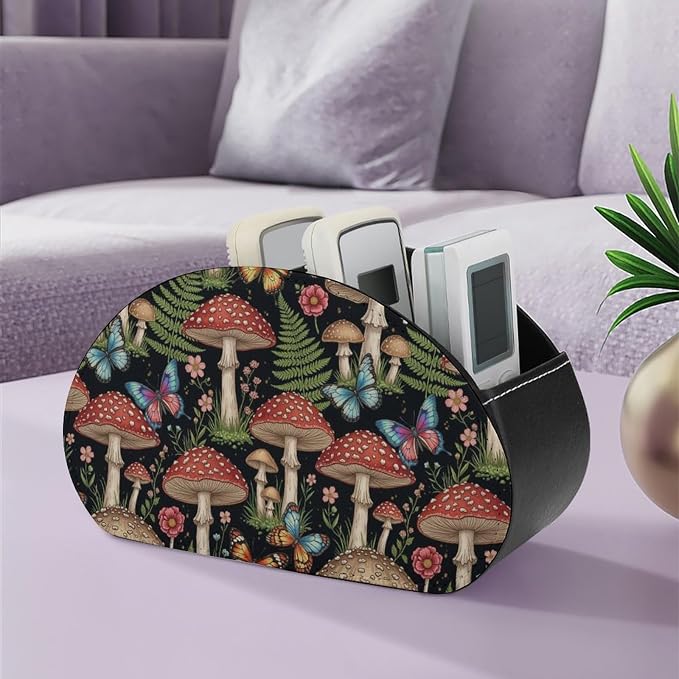 5-Compartment Remote Control Storage, PU Leather Caddy for Media Players, TV Remotes, and Desk Accessories, Mushroom Gifts