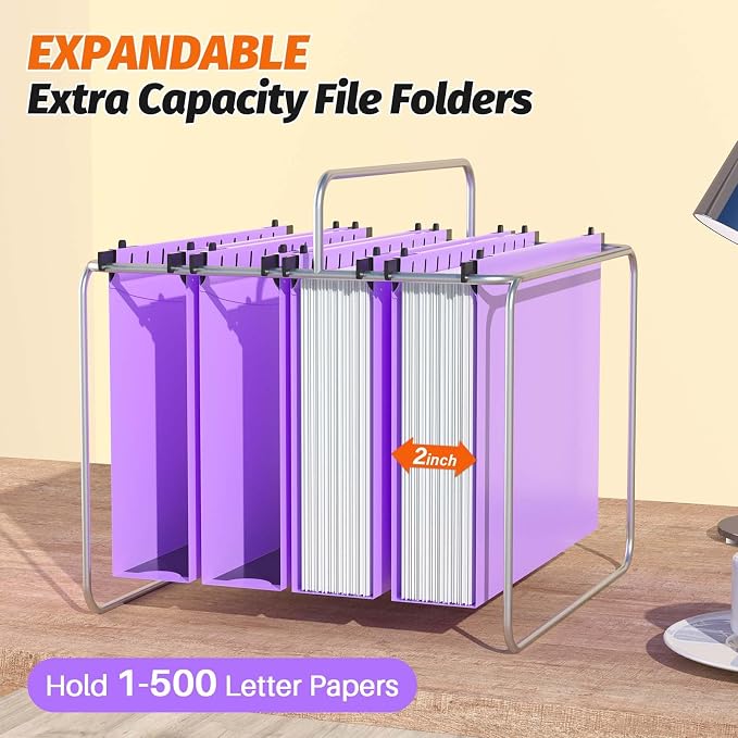 Shutex Extra Capacity Plastic Hanging File Folders,12 Pack Reinforced Hang Folders,Heavy Duty 2 Inch Expansion,Plastic Filing Cabinet Folders,Letter Size,Designed for Bulk Files, Medical Charts,Purple