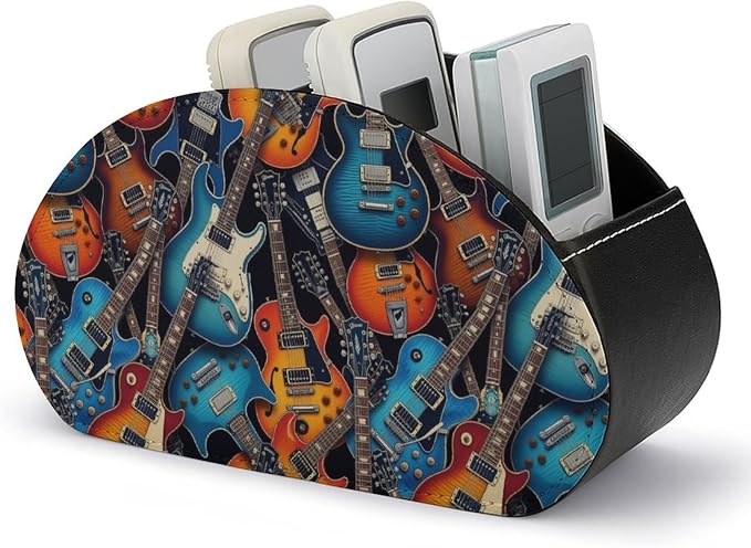Remote Control Desk Caddy with 5 Compartments, PU Leather Holder for Media Players, Controllers, and Office Supplies, Music Guitars