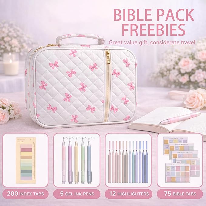 Bible Bag for Women, Bible Cover Case with Study Supplies,Large Quilted Bible Bag with Handle and Zipper, Suitable for Christian Books-Christian Gift for Girls(Butterfly)
