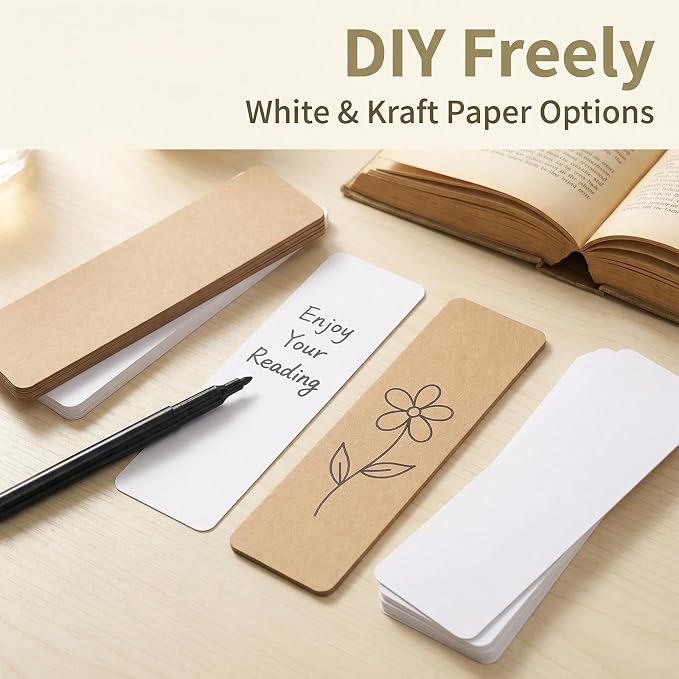 WANDIC Blank Bookmarks Set, 120 Pieces White & Brown Bookmarks and 120 Pieces Colorful Tassels for DIY Projects Gift Supplies