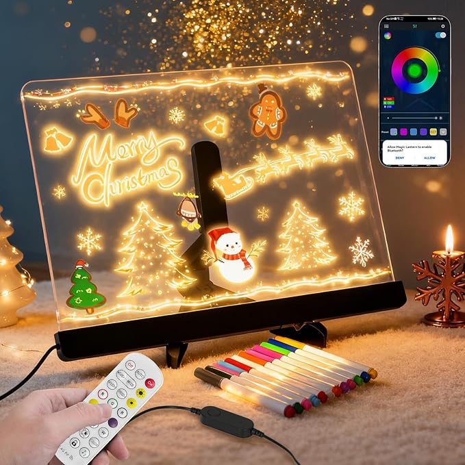 LED Note Board with Colors,14''x10'' Acrylic Led Drawing Board with 12 Markers,Dry Erase Boards Music Sync&Flash Modes,Dimmable Brightness for Cafe/Bar/Home/Party Deco