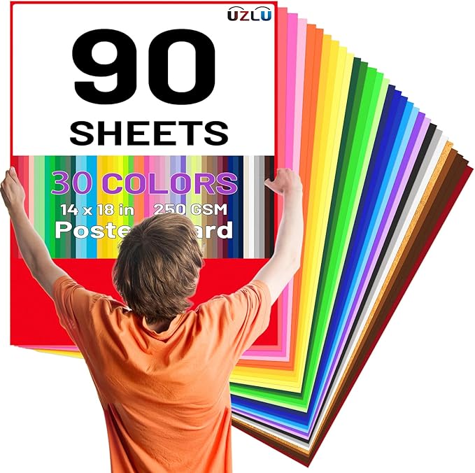 90 Pack Colored Poster Board 30 Assorted Color Posterboard Paper Bulk 14 x 18 in 250 GSM Thickness Cardstock Blank Smart Vision Poster Paper for School Drawing Craft Projects DIY Display Supplies