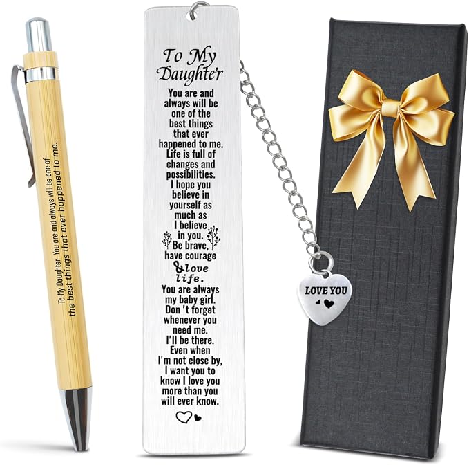 to My Daughter Inspirational Bookmarks -Daughter Gifts from Mom and Dad Metal Bookmark and Motivational Pen - Gifts for Daughters Adult, Graduation, Birthday, Christmas, Book Lovers Gift