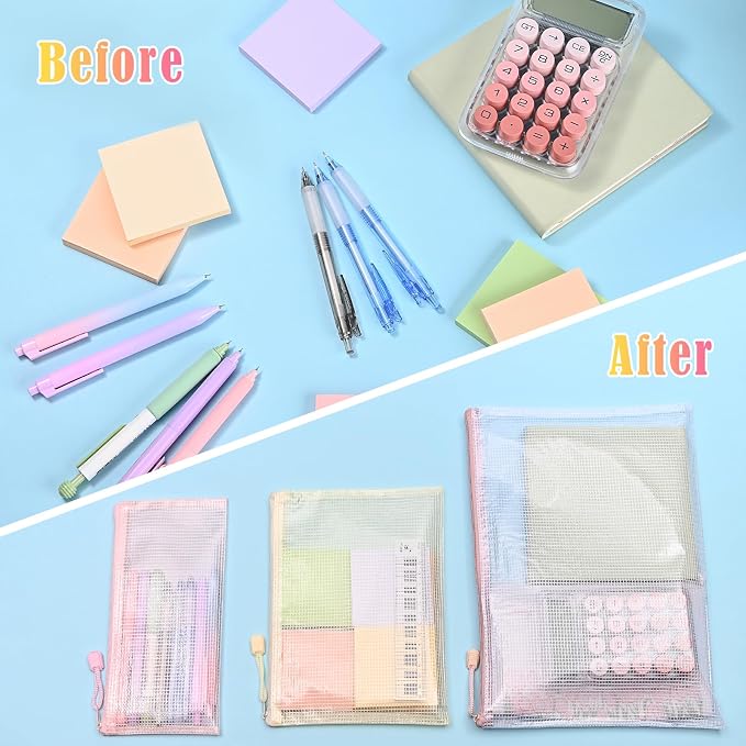 BAYTORY 18Pcs Mesh Zipper Pouch Bags, Clear Waterproof Document Bag, Assorted Color File Pockets, Large Capacity Plastic File Jackets, Multipurpose for Travel School Office and Home (Colorful)