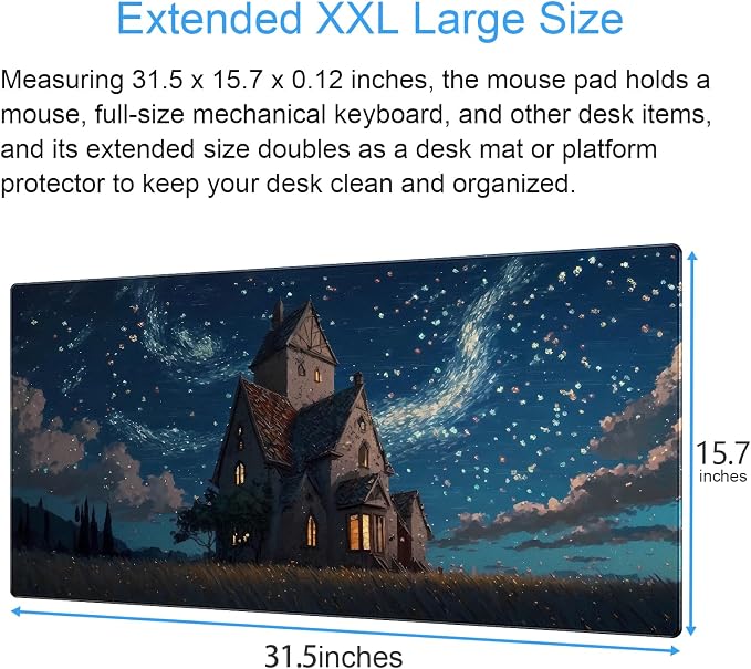 Anime Art Starry Sky Castle Desk Mat XL Large Gaming Mouse Pad | 31.5x15.7in, Non-Slip Base, Stitched Edges, Washable, Office Decor