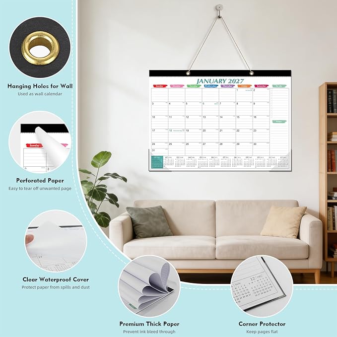 Tcamp Desk Calendar 2026-2027, Large Desktop/Wall Monthly Calendar (Jul. 2026 - Dec. 2027) 17'' x 12'' School Year Wall Desk Planner for Teacher Family School Office Supplies