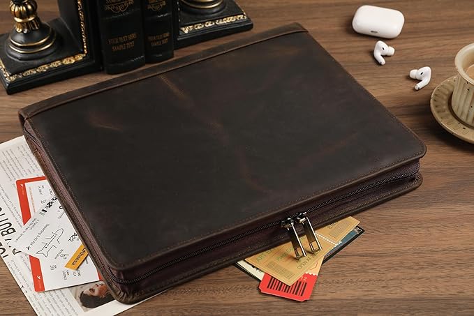 Leather Portfolio for 13-in iPad Pro M4/M5 & 13-in iPad Air M2/M3, Leather Padtfolio with ipad Holder for Letter Size Notepad, Personalized Padfolio for Men - Dark Khaki