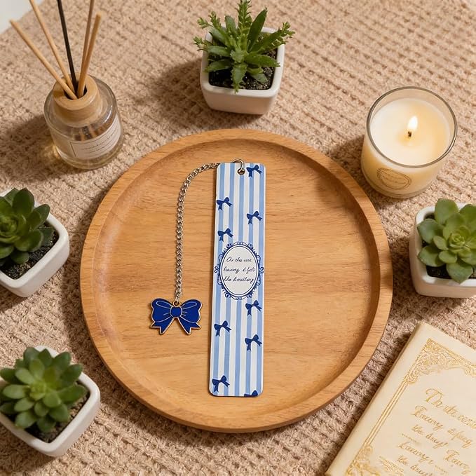 Pink Bow Metal Bookmark Gift Silver Chain Pendant with Bow for Women's Christmas Gift Book Lover Book Accessories School Supplies Office Stationery (Blue Bow Bookmark)