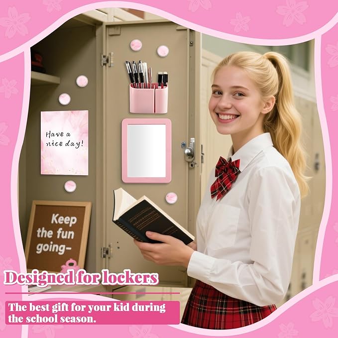 11 Pcs School Lockers Magnetic Decor Locker Accessories Kit with Magnetic Pink Marble Print Whiteboard Mirror Pen Holder Buckles Lockers Organizer Decorations Locker Essentials Back to School Supplies