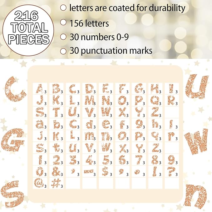 Colarr 216 Pcs Glitter Bulletin Board Letters for Classroom Number Alphabet Punctuation Symbol Cutout 4'' Die-Cut Poster Letter with Adhesive Dot School Party Holiday Decor Display(Champagne)