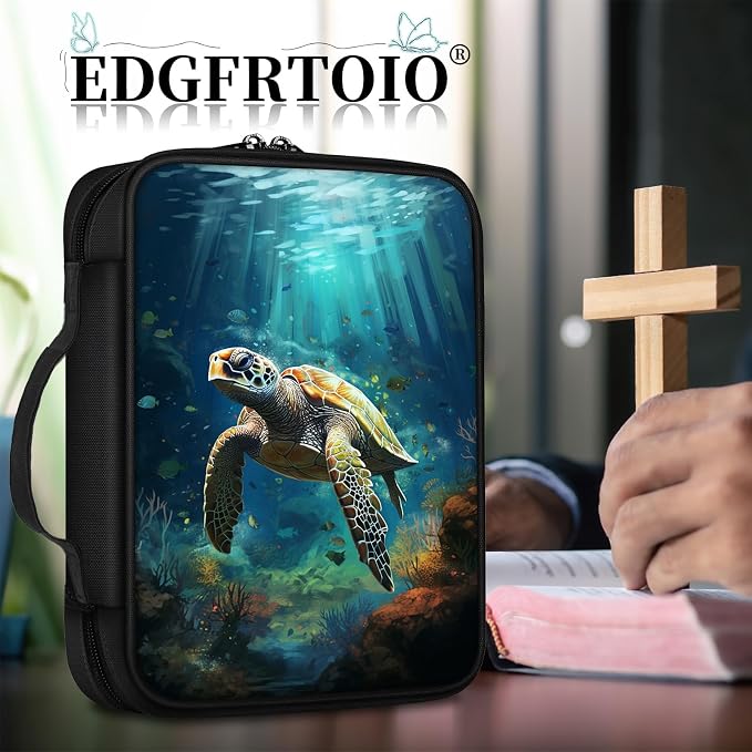Bible Cover, Sea Turtle Bible Case with Handle and Zippered Pocket Standard Size Holy Bible Bag Women Gifts, Church Bag Portable Bible Carrying Book Case for Bible Study