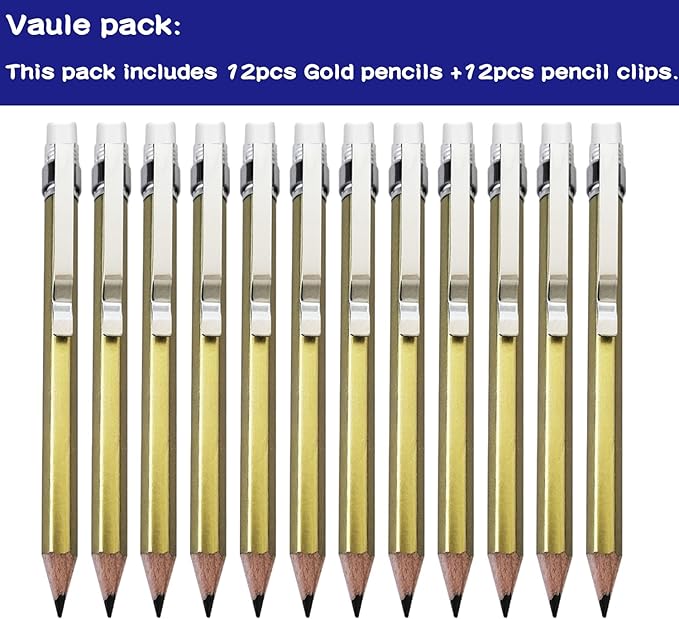 Adhere 12pcs Golf Pencils with eraser Hexagon gold with clips Graphite 2B for Golf Event Scoring,Wedding,Company Meetings,Pew, Pocket(z-Gold pencil+ pencil clip)