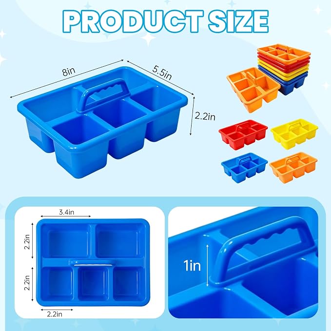 8 PCS Classroom Caddy, Plastic Caddy Organizer with Handle, Art Supply Organizer with 5 Compartment Small Portable Storage Bin for Classrooms, Office, and Home, 8”×5.7”×3”， Assorted Colors
