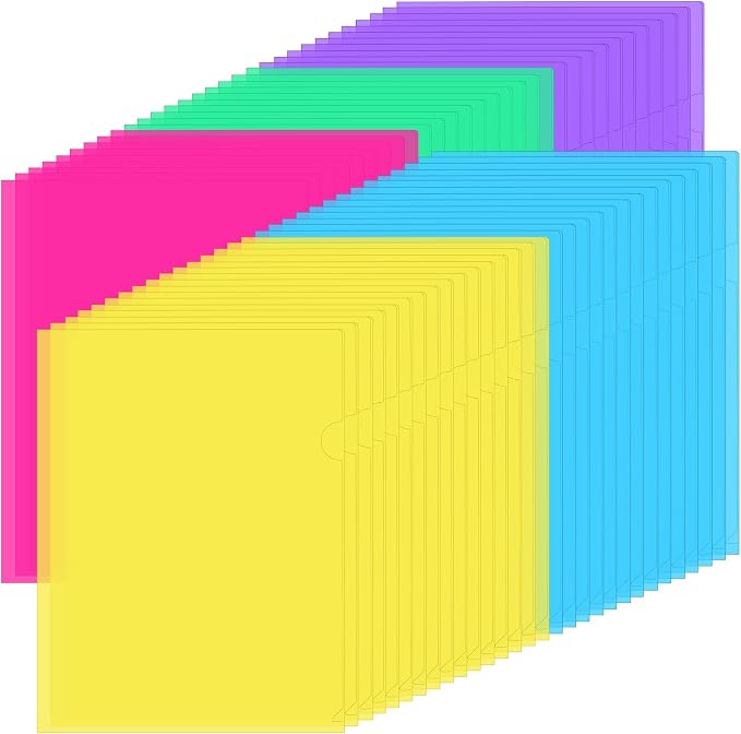 Fainne 100 Pcs Plastic Document Folders Clear File Folders Plastic Pockets Sleeves Letter Size 8.7 x 12.2 Inches A4 Assorted Colors for Office Supplies (Bright Color)
