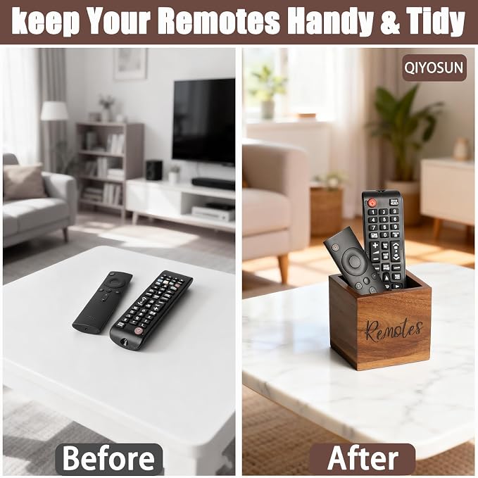 Remote Control Holder, Farmhouse Wood TV Organizer for Table, Wooden Remote Control Organizer, Remote Storage Caddy, Remote Control Organizer (Brown, 3.5 Inch Labeled Remote)
