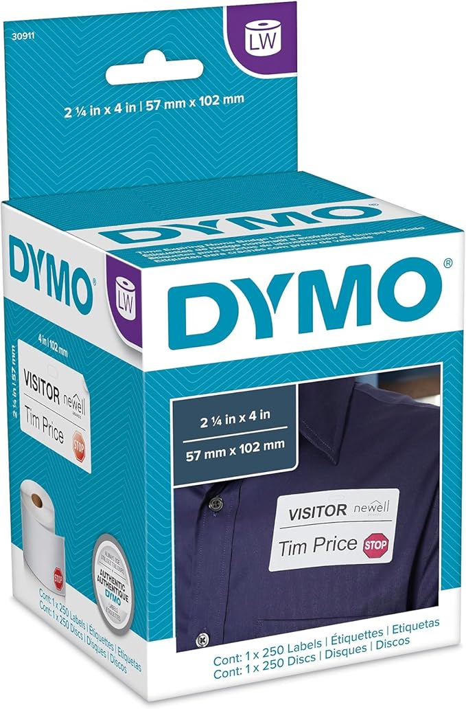 DYMO 30911 Visitor Management Time-Expiring Name Badges, Adhesive, 2-1/4 x 4, 250/Box
