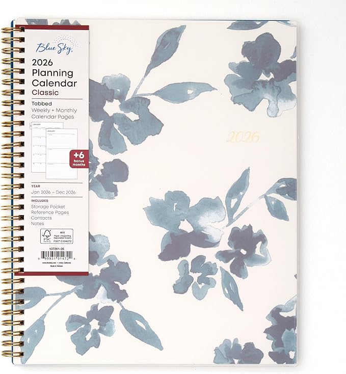 Blue Sky 2026 Weekly and Monthly Planner Calendar, January 2026 - December 2026, 8.5" x 11", Flexible Cover, Laminated Tabs, Durable Twin Wire Binding, Storage Pocket, Bakah Blue