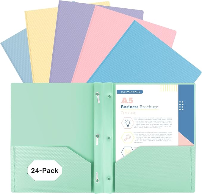 24-Pack Plastic andPockets and Prongs,2-Pocket and3 Fasteners, Holds 8-1/2" x 11" Paper for School/Office/Home, Pastel Color