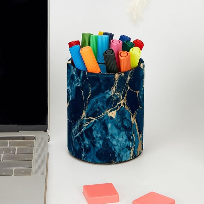 Navy Blue Abstract Marble Leather Pen Holder for Desk, Multifunctional Desktop Organizer Pencil Cup, Desktop Caddy Stationery Organizer for School Home Office Desk Accessories