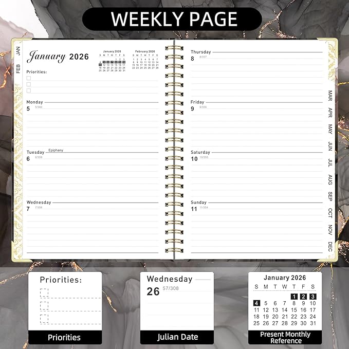 2026 Planner, Jan.2026 - Dec.2026 Weekly Monthly Planner 6.25"x8.5" with Page Tabs, Calendar Hardcover with Inner Pocket, Elastic Band, Twin-Wire Binding, Bookmark, Black Pink Marble