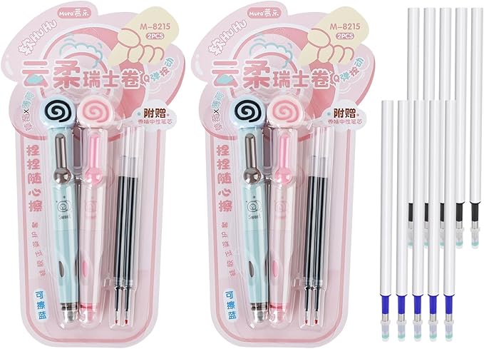 Temiary 4 Pcs Cute Retractable Erasable Gel Pens, 0.5 mm Fine Point Blue Ink Pen with 12 Pcs Refills, Make Mistakes Disappear, Writing and Crossword Puzzles for School Office Supplies (Pink & Blue)