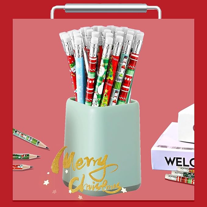 48Pcs Christmas Pencils for Kids, Christmas Wooden Holiday Pencils with Erasers, Santa, Snowman, Reindeer Designs for Classroom Party Favors, Stocking Stuffers, Xmas Gift Supplies, School Supplies