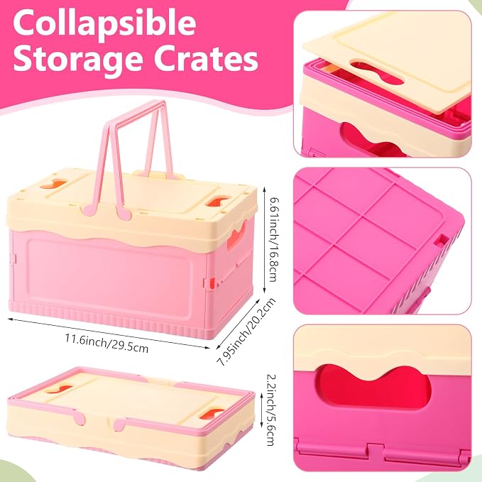 2 Pcs Pastel Plastic Collapsible Storage Crates with Lids and Handle Collapsible Picnic Basket Stackable Storage Bins Cute Foldable Container for Home Kitchen Office Bathroom(Pink,Hot Pink)