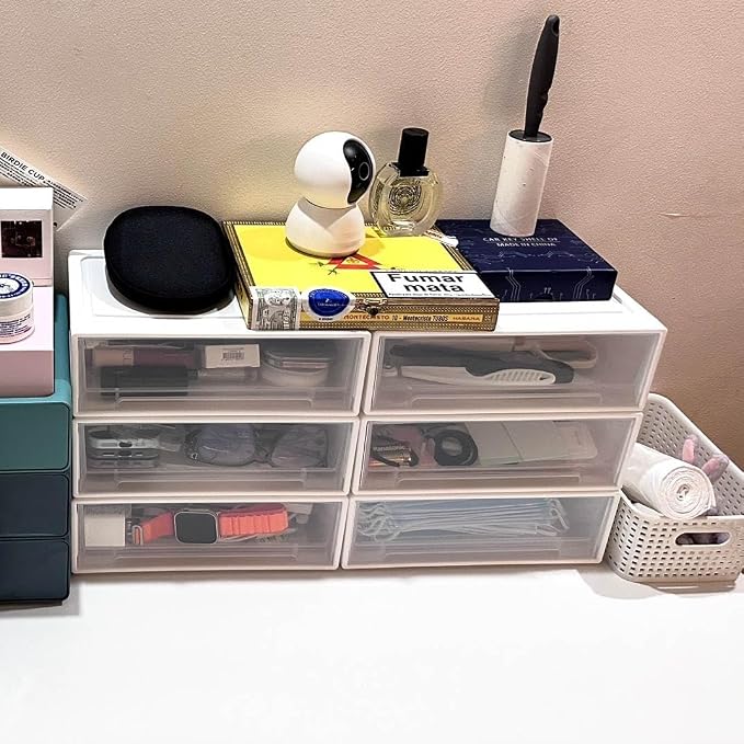 Set of 3 Stackable Storage Drawers, White Plastic Desk Storage Boxes for Dressing Table, Office Desk, TV Cabinet, Bathroom, Shoe Cabinet Storing Various Items