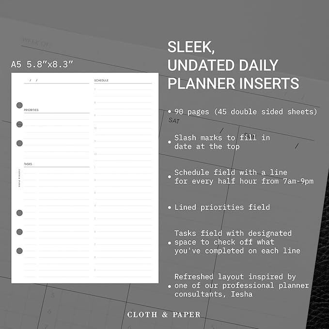 Cloth & Paper Daily Planner Inserts – A5 Size 6-Ring Punched Refill Pages – Undated 90 Pages (45 Double-Sided), Schedule 7AM–9PM, Priorities & Tasks – Minimalist Design for Productive Planning