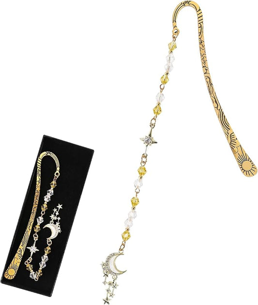 Fantasy Moon Metal Bookmark - Vintage Hook Book Marks Page Mark with Beaded Gold Star Charm for Women Girls Students Teachers Bookworms Reading Lovers Birthday Gifts School Accessories