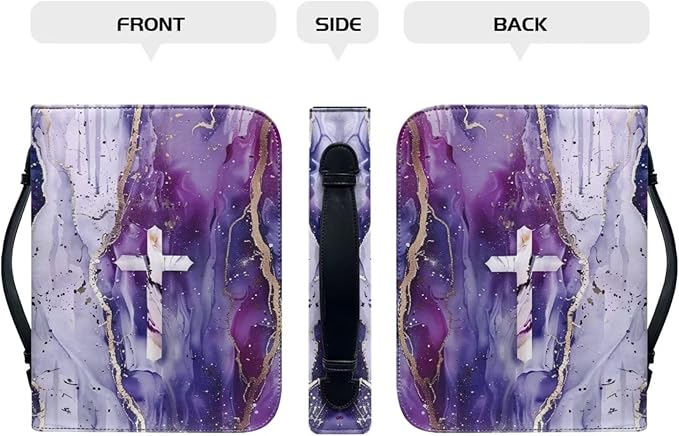 Leather Bible Covers for Women，Bible Case Carrying Tote Bag,Personalized Bible Bag with Bookmark, Scripture Study Protector,Purple Marble and Cross,Large