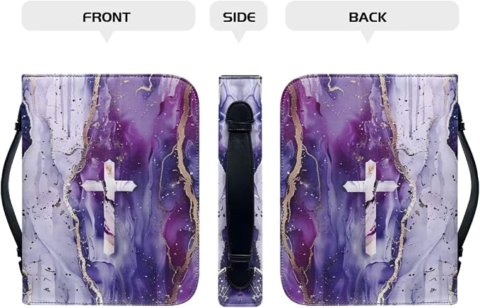 Leather Bible Covers for Women，Bible Case Carrying Tote Bag,Personalized Bible Bag with Bookmark, Scripture Study Protector,Purple Marble and Cross,X-Large