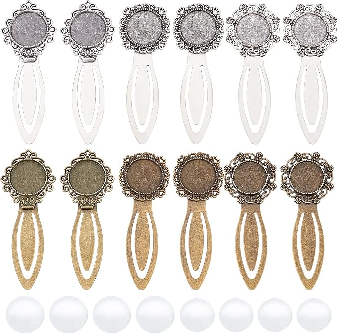 NBEADS 24 Pcs 3 Styles 2 Colors Bookmark Pendant Tray Kit, Including 12 Pcs Tibetan Style Bookmark Cabochon Settings 12 Pcs Dome Transparent Glass Cabochons for Reading Gift Crafting DIY Bookmark