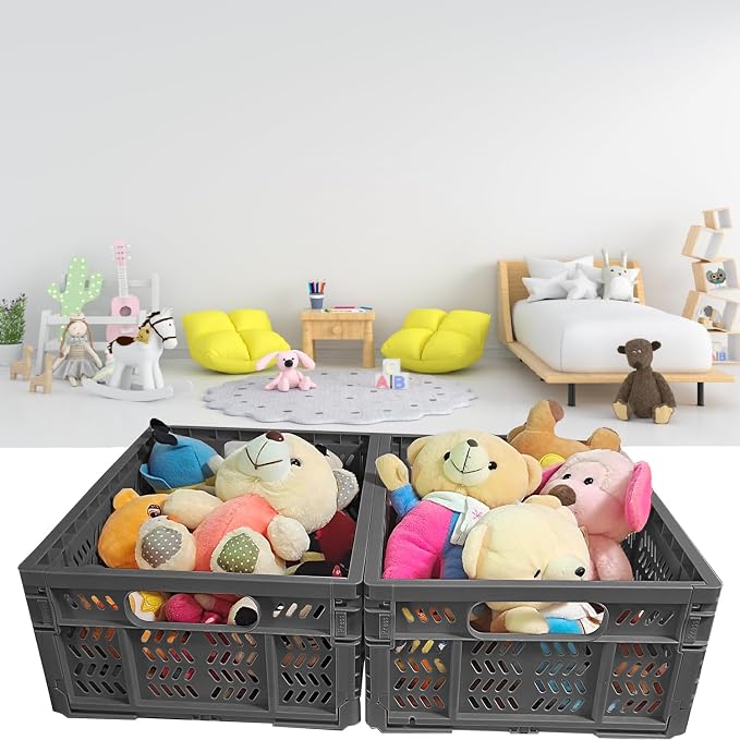 4-Pack Plastic Storage Crates,20L Foldable Baskets,Collapsible Crates, Baskets and Bins for Toys, Home Storage, Office Products, Gifts, Easter Eggs (Grey)