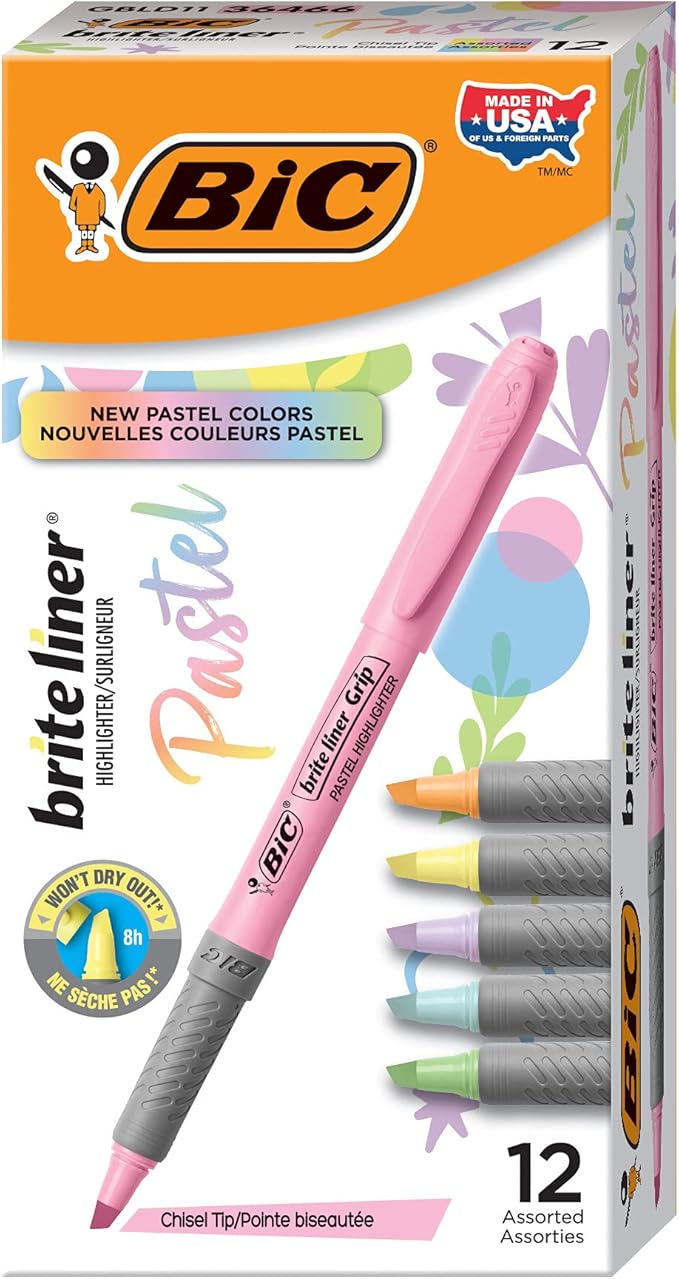 BIC Brite Liner Grip Pastel Highlighter Set, Chisel Tip, Pack of Pastel Highlighters in Assorted Colors (colors may vary), Cute Highlighters for Bullet Journaling, Note Taking and More (Pack of 18)