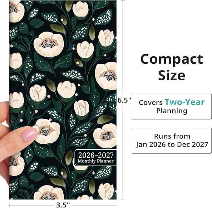 Pocket Calendar 2026-2027 for Purse, Two Year Monthly Planner Pocket Size, Jan 2026 to Dec 2027 Monthly Planner Small Size (6.5" x 3.5") - Cute Gardenia
