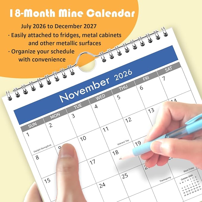 Mini Calendar 2026-2027, 7'' x 7'' Small Calendar Runs from July 2026 unitl December 2027, Little Wall Calendar for Wall, Desk, Bulletin Board or Fridge