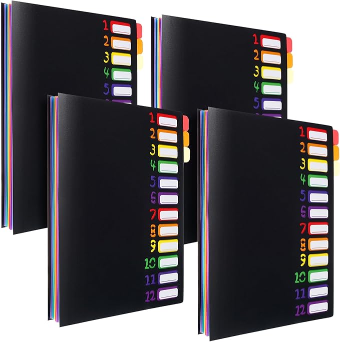 Shappy 4 Pack 12 Pocket Expanding File Folder with Rainbow File Folders Organizer Multicolored Pockets A4 Letter Size Document Organizer for Students Offices