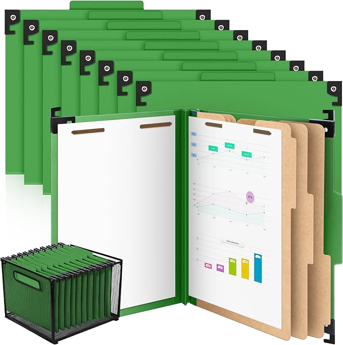 Henoyso 15 Pcs Hanging Classification File Folders, Letter Size Green Folders with 3 Pressboard Dividers, 8 Fasteners, 4 Inch Expansion, 1/3-cut Top Tab for Medical Records and File Cabinet Organizer
