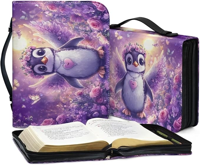 Cute Penguin Bible Carrying Case for Women Purple Flower Bible Cover Case Bible Case for Girls For Bible Study Accessories Supplies Christian Gifts for Women-Size XL