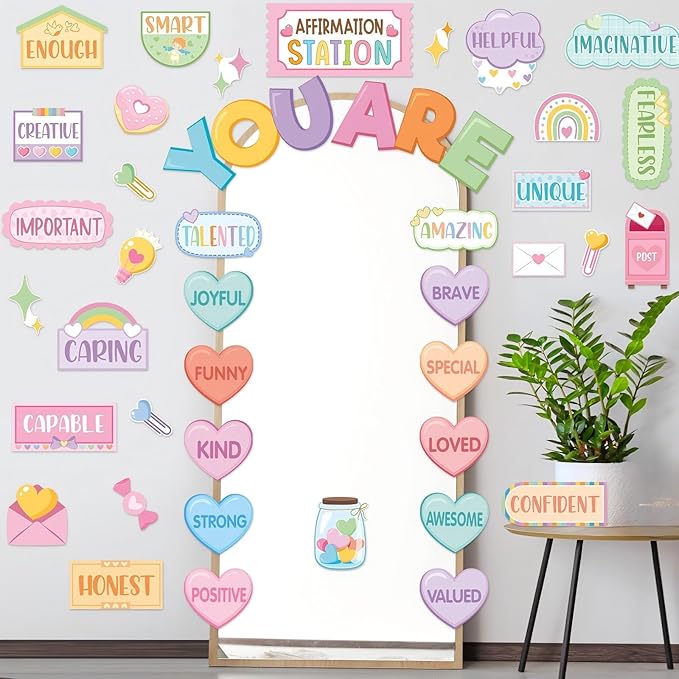 45pcs Candy Affirmation Station Bulletin Board Set Motivational Posters Classroom Mirror Growth Mindset Decor Positive Affirmations Accents Cutouts for School Office Home Teacher Wall
