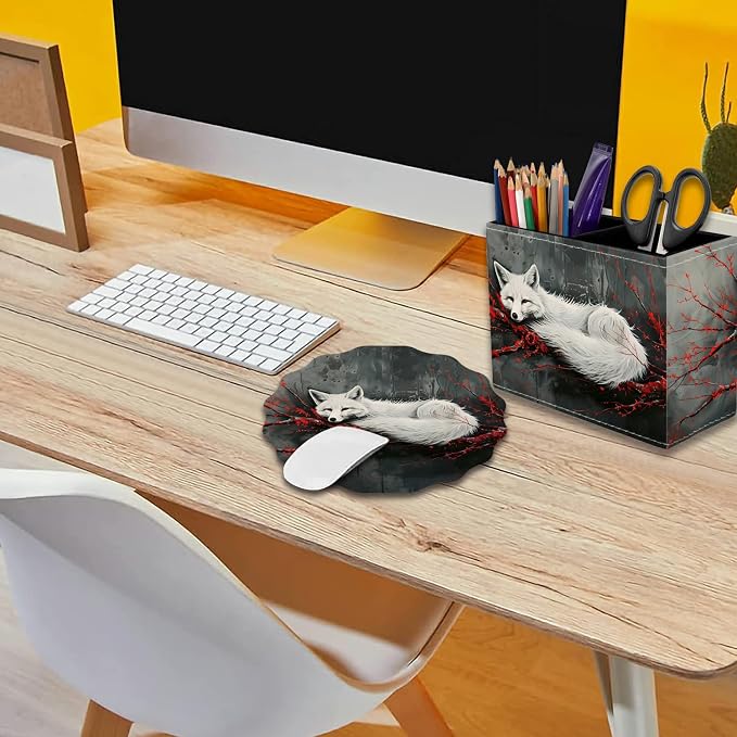 Pen Holder for Desk, PU Leather Multifunctional Desktop Storage Box and Anti-Slip Mouse Pad Set, Makeup Brush Holder Pen Organizer for Office and Home - Fox and Red Branch