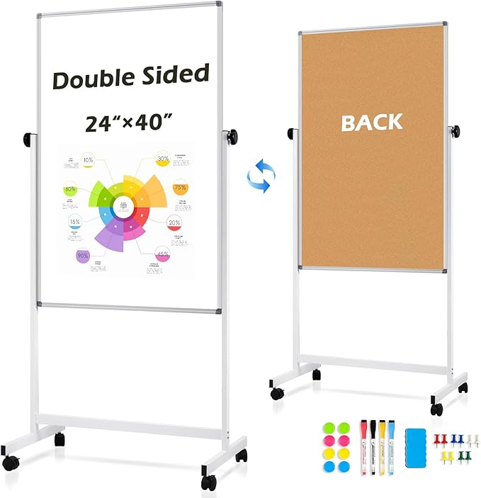 Rolling Whiteboard, 40" x 24" Magnetic Mobile White Board on Wheels, Double Sided, Height Adjustable Aluminum Frame Dry Erase Board Large Cork Bulletin Board for Office, Home, Classroom