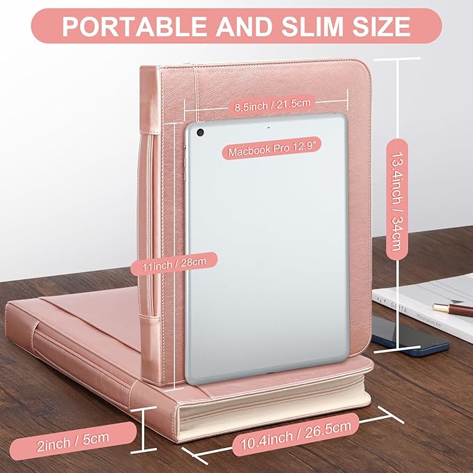 Padfolio Portfolio Organizer Binder with Zipper and Hidden Handle, PU Leather Portfolio Folder for Documents, Business Card Holder, Notepad Padfolio for Men&Women (Rose Gold)